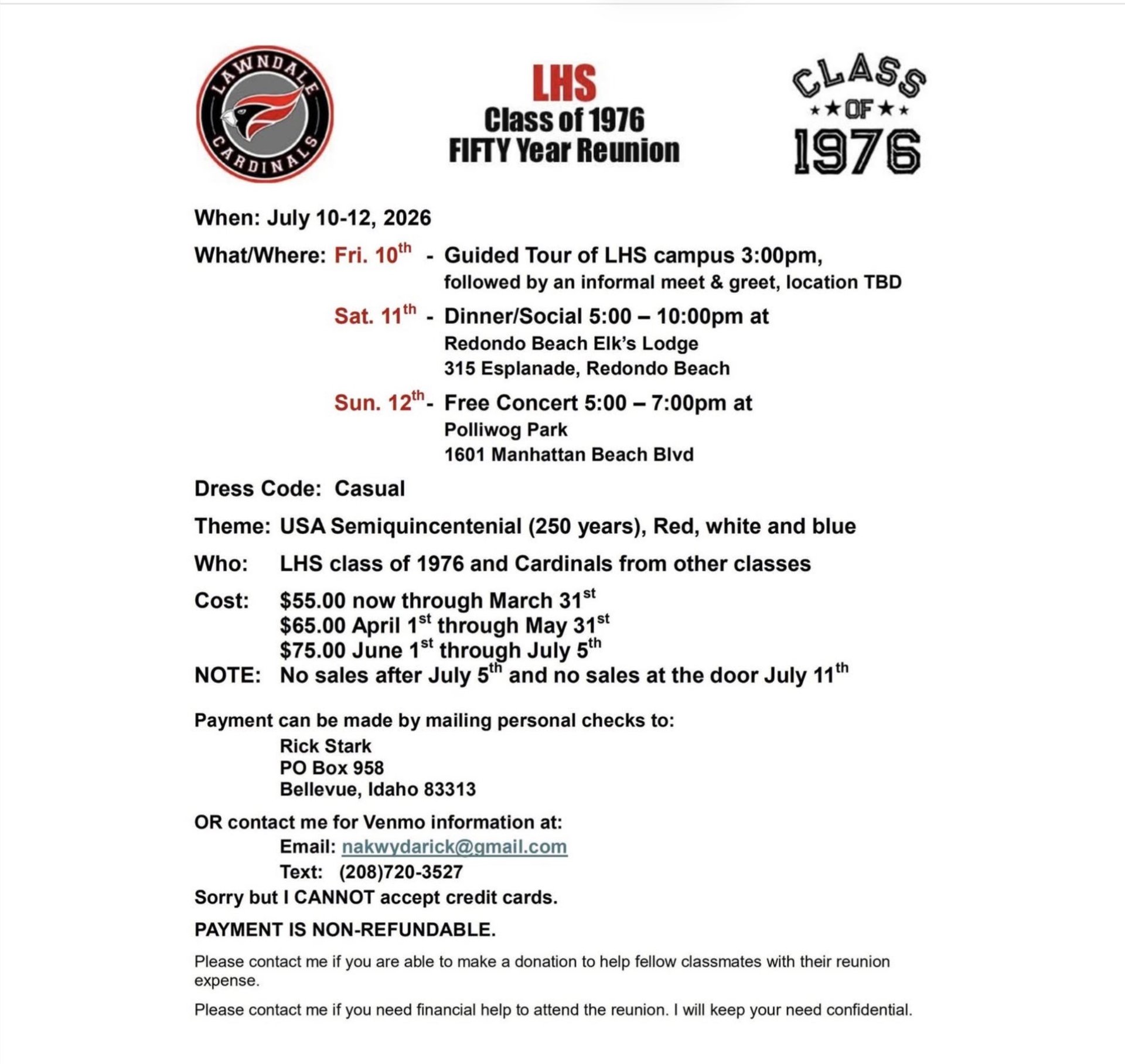Class of 1976 50 Year Reunion Announcement