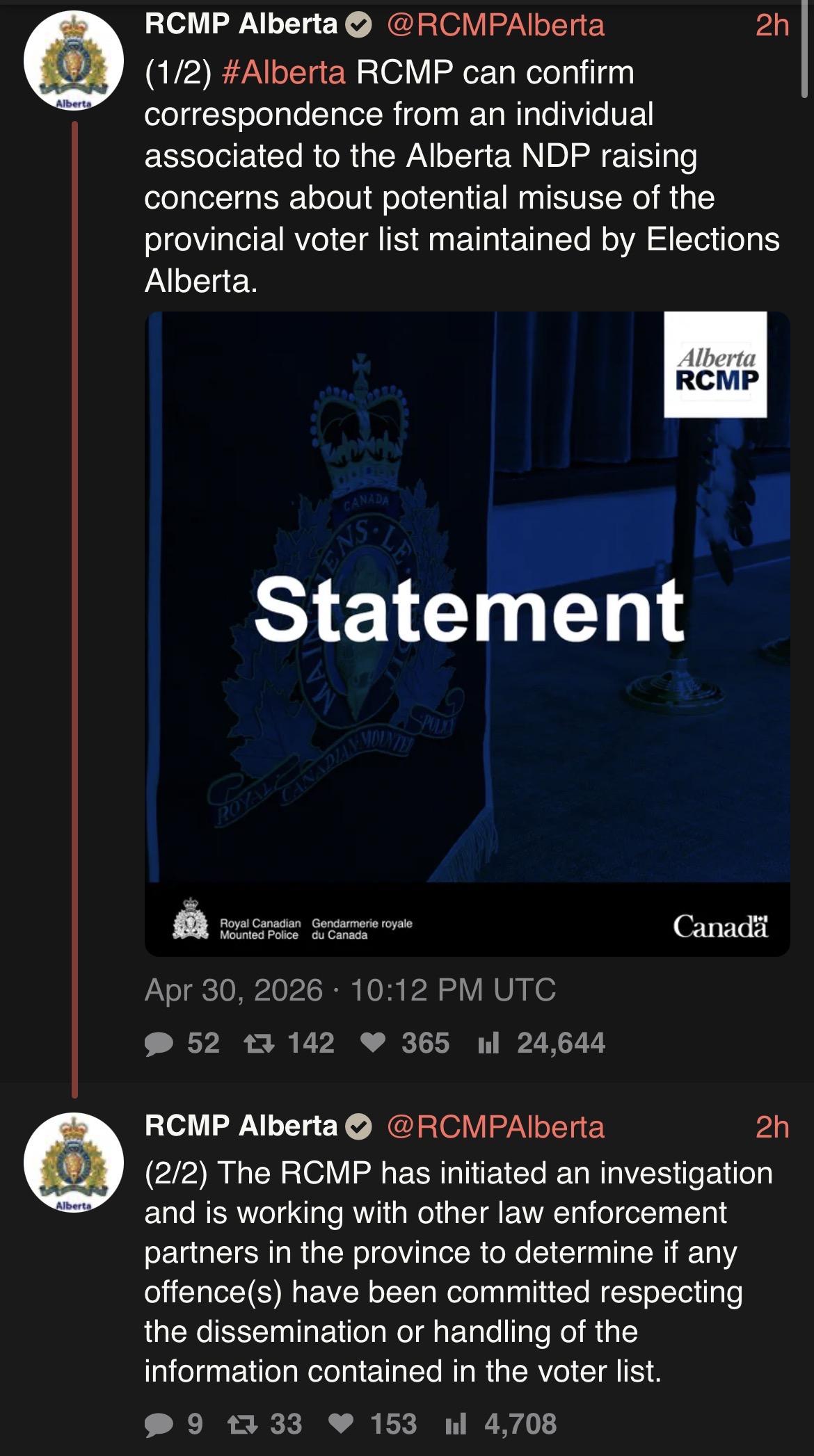 RCMP Alberta confirms investigation into potential misuse of Alberta voter list by Elections on Twitter (via Nitter)
