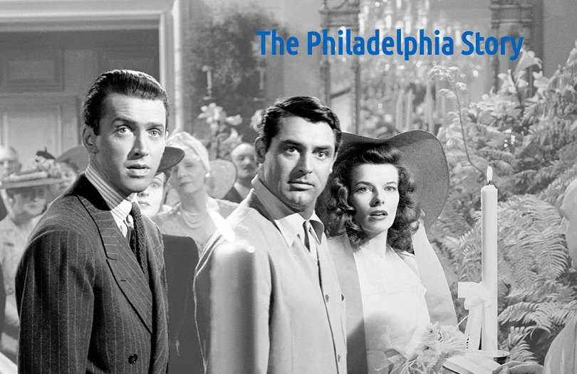 B&W photo still from "The Philadelphia Story", a 1940 US RomCom starring Cary Grant, Katharine Hepburn, James Stewart with Ruth Hussey (not pictured)