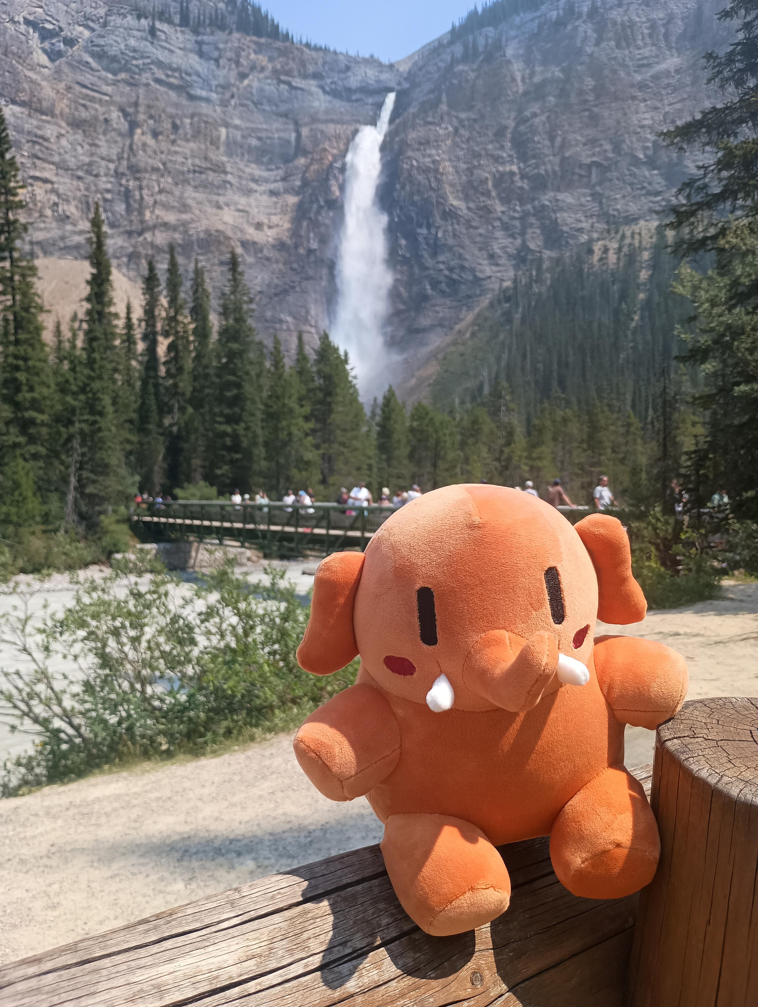 Gord, the Plushtodon, is sitting on a fence. Behind him there is a white river - not white water like people enjoy rafting on because of the rapids, but white like skim-milk is white. There is a walking bridge full of people over the river, pine trees, and at the very back you can see the spray of a large water fall.
