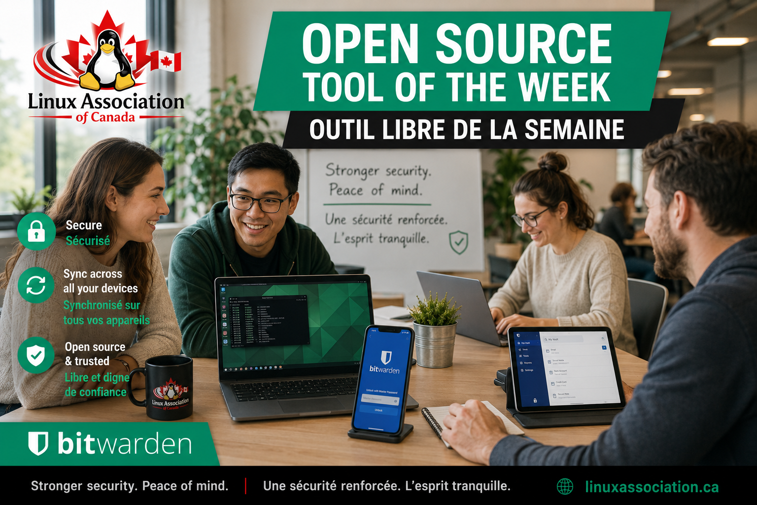 A bright, modern office shows four professionals collaborating around a table with Linux laptops, a tablet, and a smartphone displaying Bitwarden. A bilingual banner reads "Open Source Tool of the Week / Outil libre de la semaine." The Linux Association of Canada logo appears in the upper left and on a coffee mug. Side panels highlight Bitwarden's key benefits: secure password management, synchronization across devices, and open-source transparency. The footer includes the messages "Stronger security. Peace of mind. / Une sécurité renforcée. L'esprit tranquille." and the Linux Association of Canada website.
