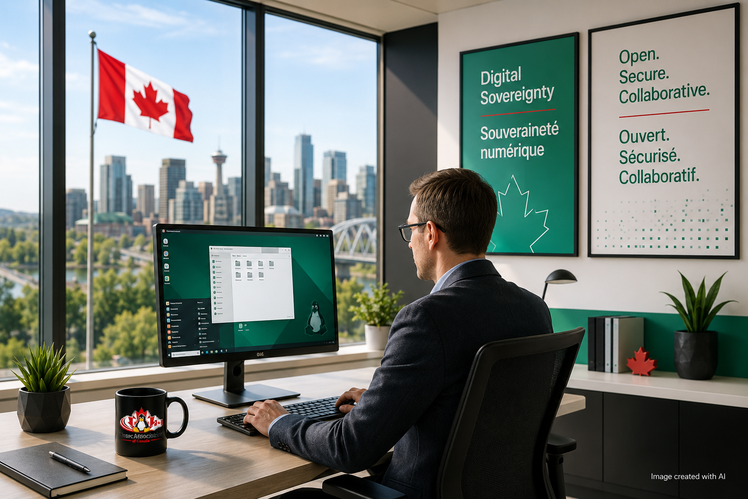 A Canadian business professional works at a Linux desktop in a modern office with bilingual digital sovereignty messaging, a subtle Canadian flag, and a Linux Association of Canada logo on a coffee mug, symbolizing openness, security, and Canada's digital future.