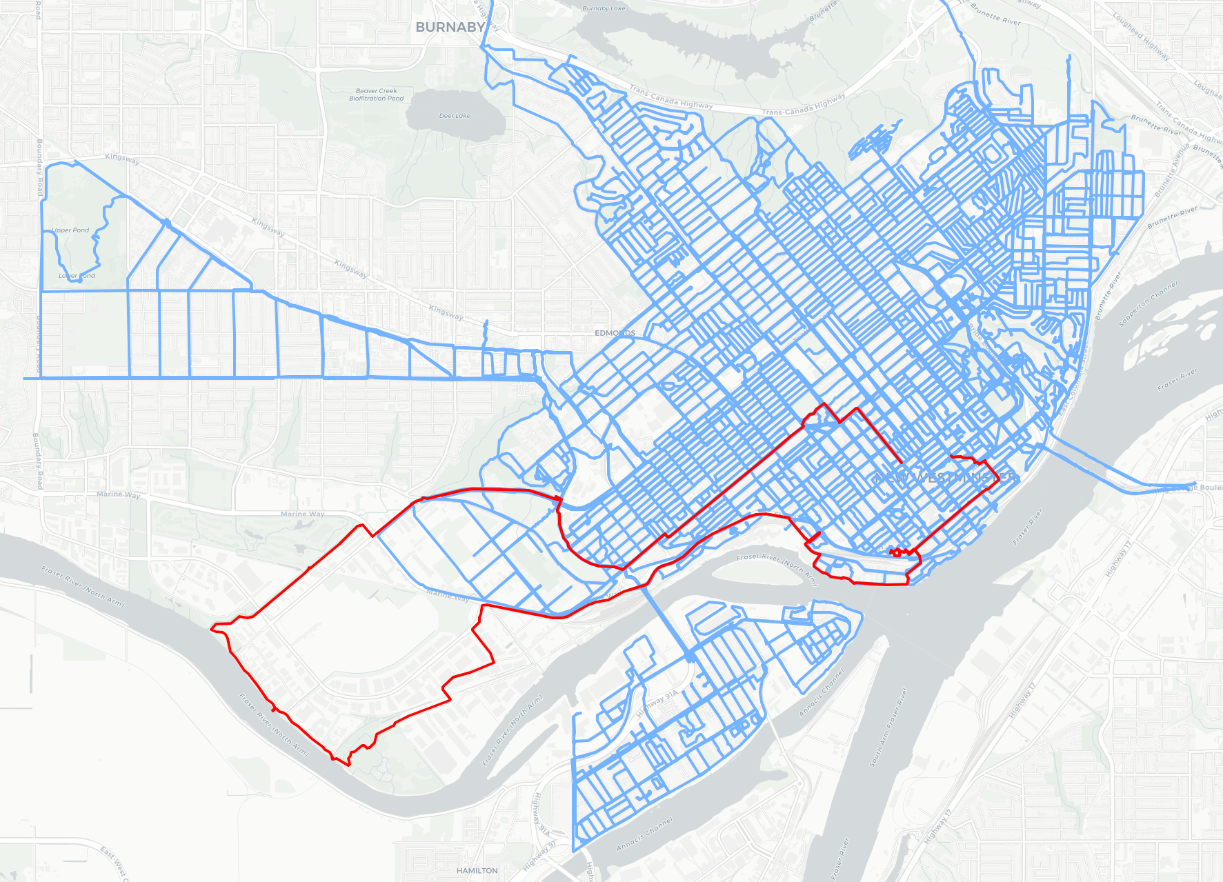 A map of a city with blue and red lines highlighting different areas. A lot of routes in blue, today's route on red.