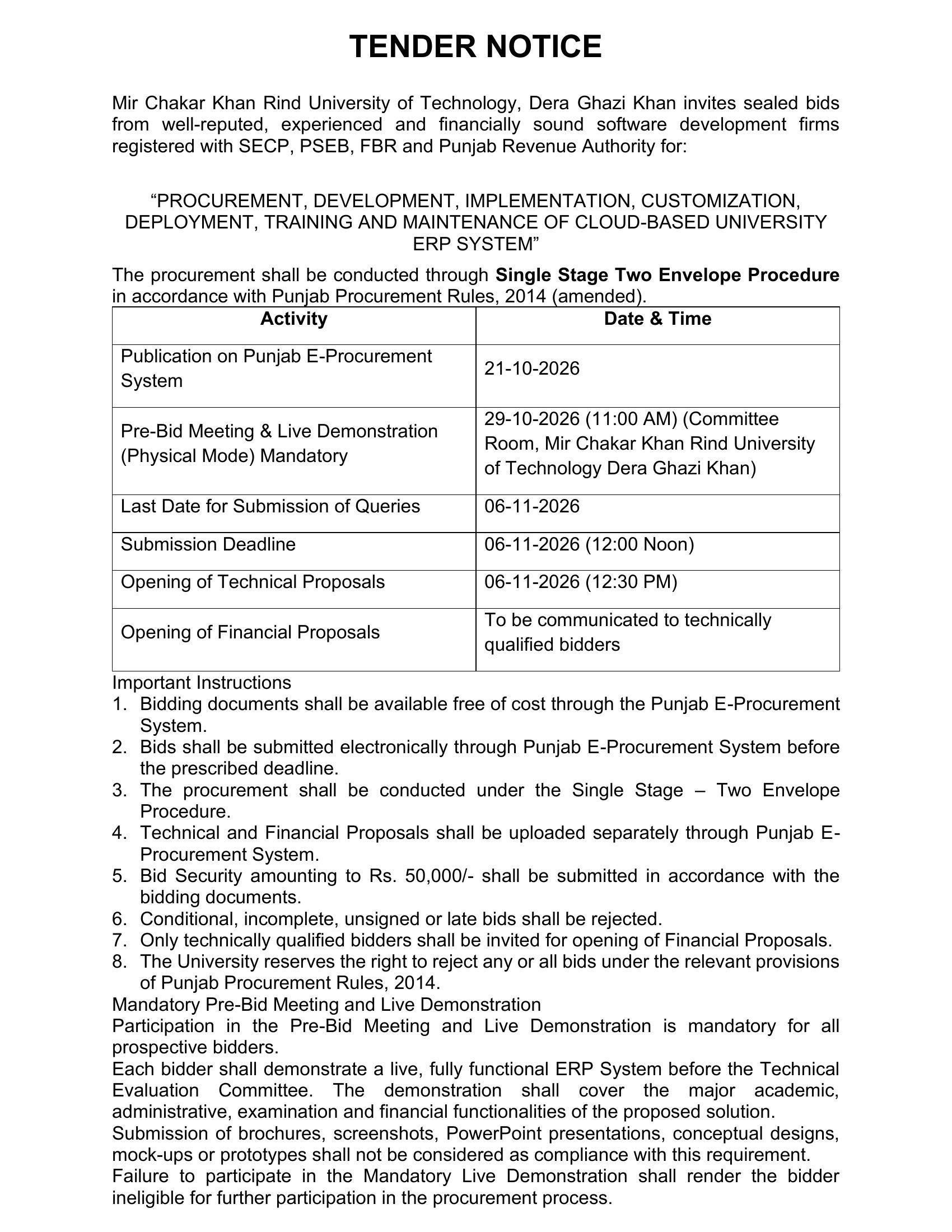MCUT ERP System Tender Notice