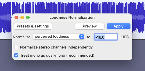 The Audacity Loudness Normalization effect, showing -16.0 LUFS