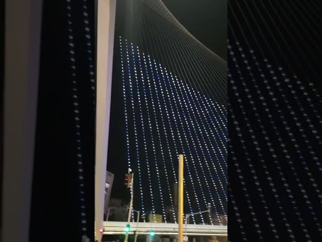 Cords Bridge illuminated in blue and white